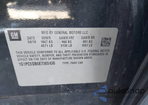 2014 Chevrolet Cruze 1Lt Auto from USA, damaged, VIN 1G1PC5SB6E7365436